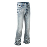 Load image into Gallery viewer, Todroki Pale Static light blue flare denim with paint splatter – front