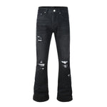 Load image into Gallery viewer, Todroki Night Weave black flare denim with plaid-backed rips – front