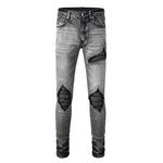 Load image into Gallery viewer, Todroki Ash Void grey slim denim with black knee patches – front