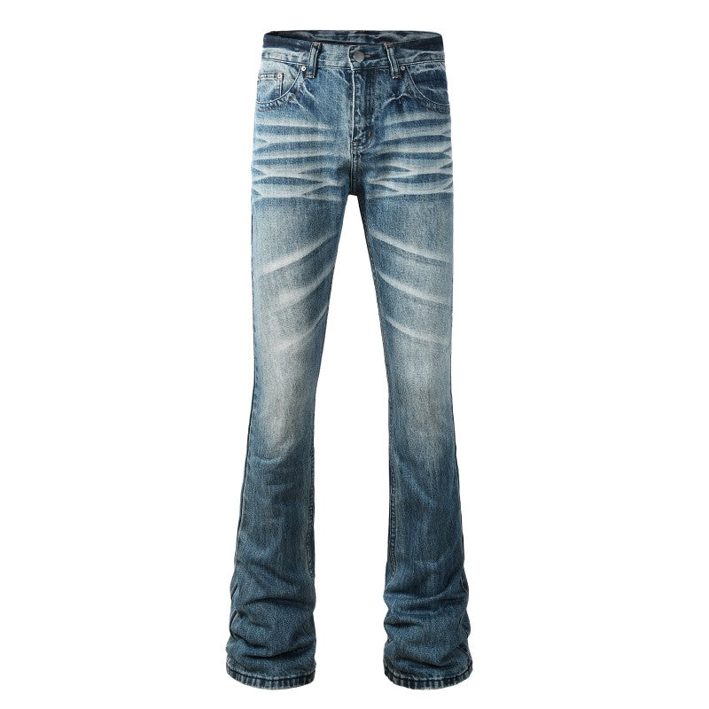 Todroki Salt Blue blue flare denim with whisker fades – front