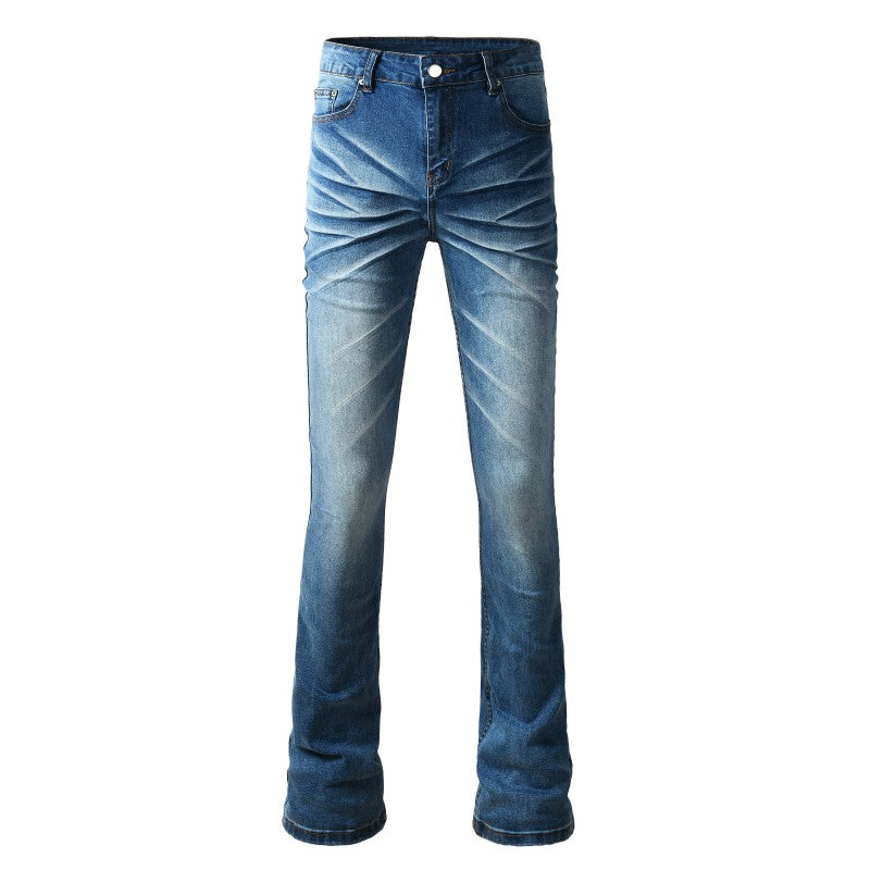 Todroki Blue Crease mid blue flare denim with whiskers – front