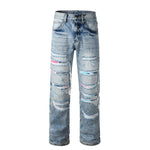 Load image into Gallery viewer, Todroki Chroma Slash light blue slashed straight denim – front