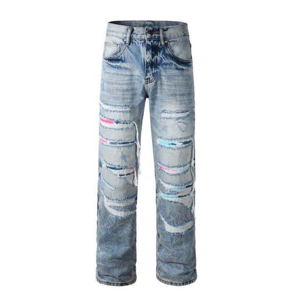 Todroki Chroma Slash light blue slashed straight denim – front
