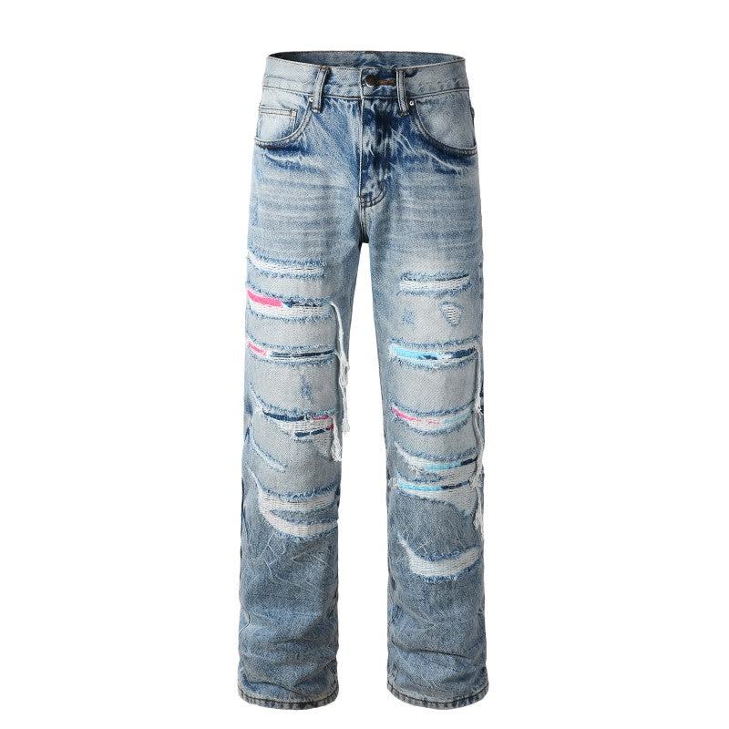 Todroki Chroma Slash light blue slashed straight denim – front