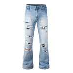 Load image into Gallery viewer, Todroki Pale Rupture light blue destroyed flare denim – front