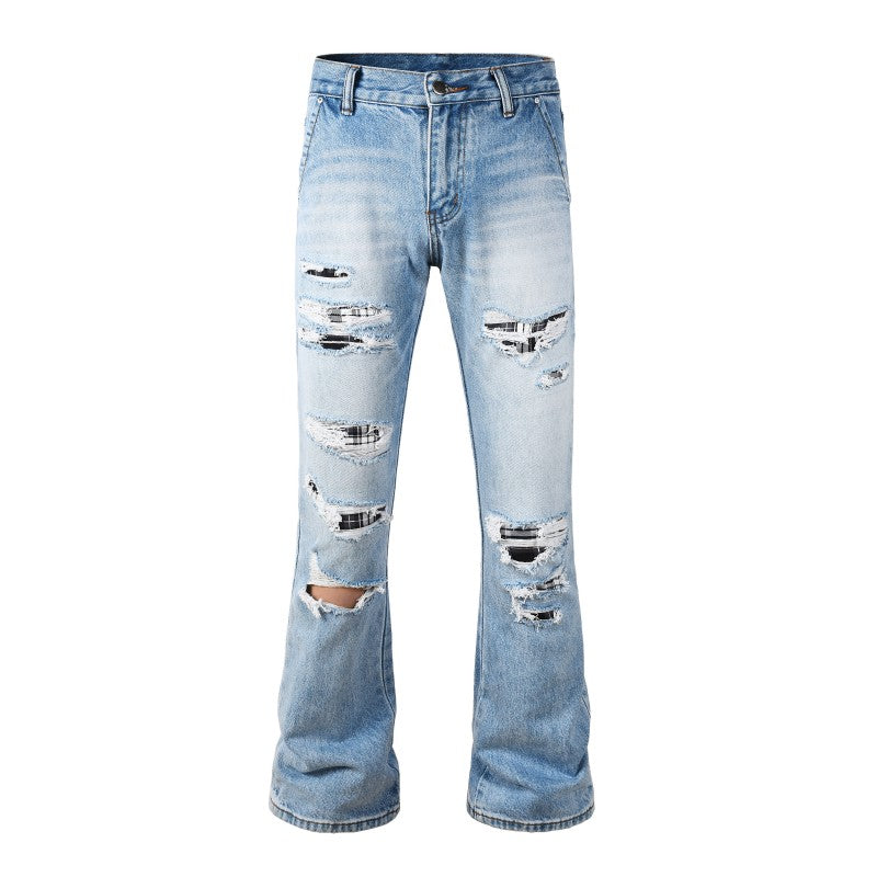 Todroki Pale Rupture light blue destroyed flare denim – front