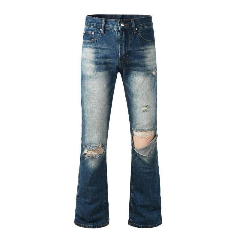 Todroki Indigo Breach indigo flare denim with knee rips – front