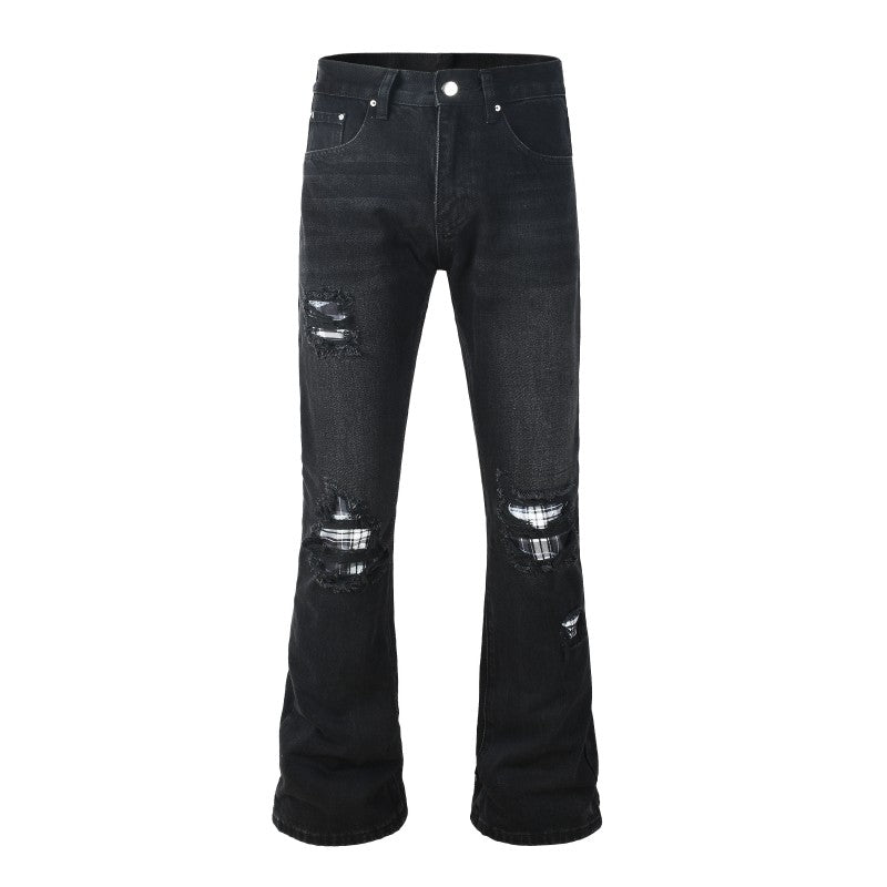 Todroki Night Weave black flare denim with plaid-backed rips – front