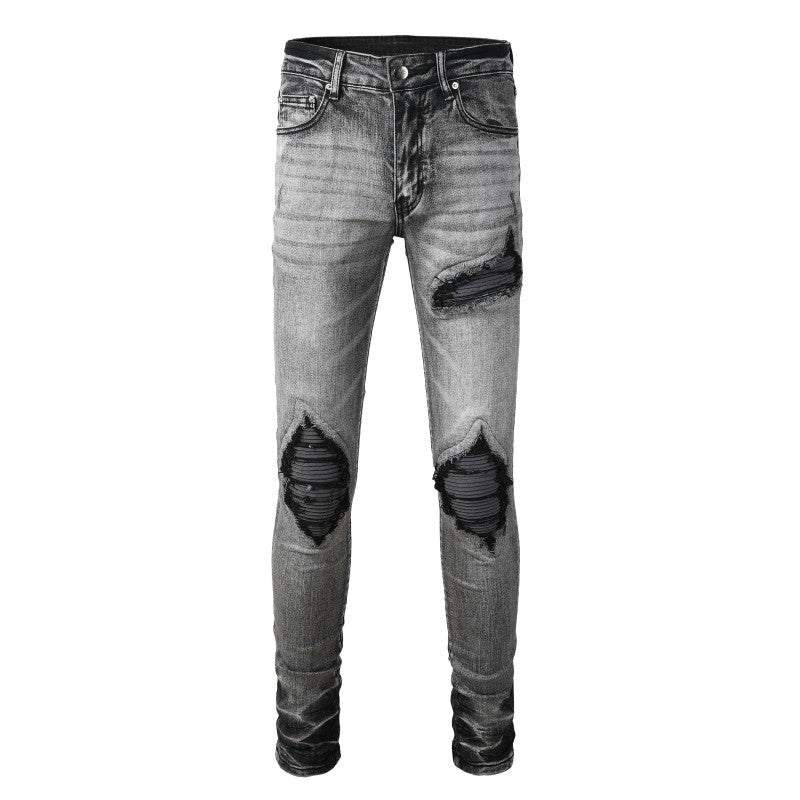 Todroki Ash Void grey slim denim with black knee patches – front