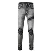 Todroki Ash Void grey slim denim with black knee patches – front