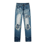 Load image into Gallery viewer, Todroki Line Break blue slim denim with knee rips – front