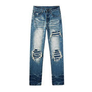 Todroki Line Break blue slim denim with knee rips – front