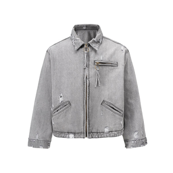 Todroki Ash Rig grey stone-washed boxy denim jacket – front