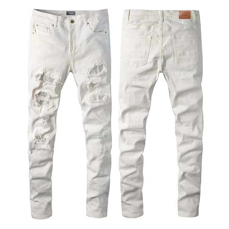 Todroki Frost White Rhinestone slim-fit white denim – front view