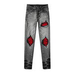 Load image into Gallery viewer, Todroki Grey Ember grey slim denim with red patches – front