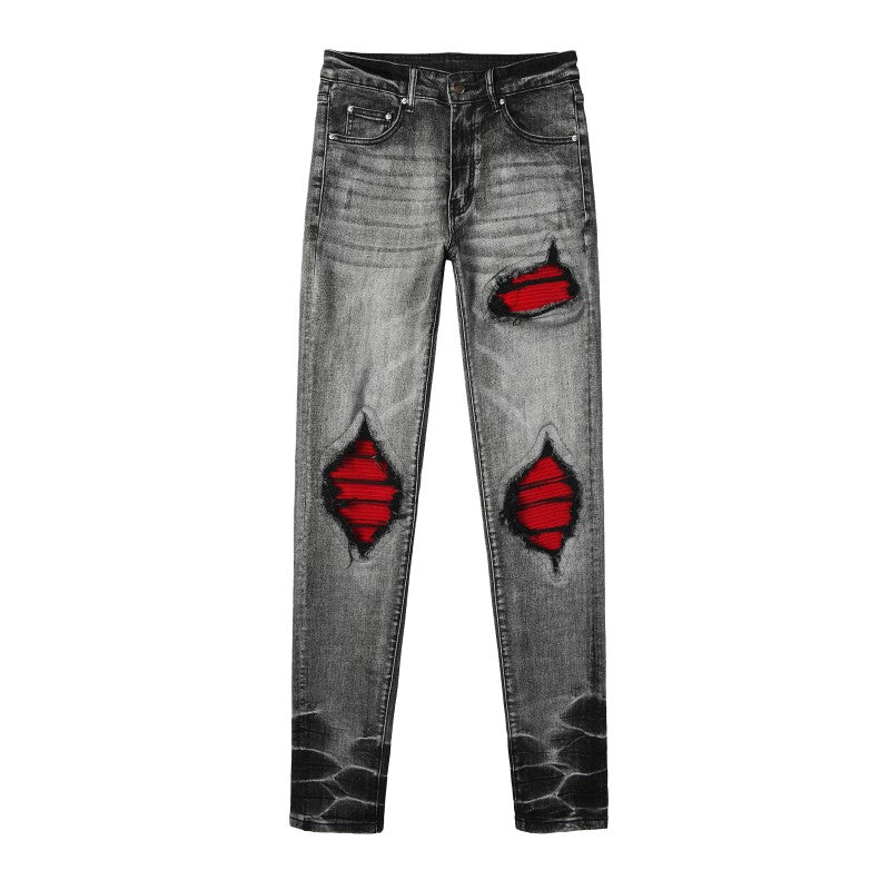 Todroki Grey Ember grey slim denim with red patches – front